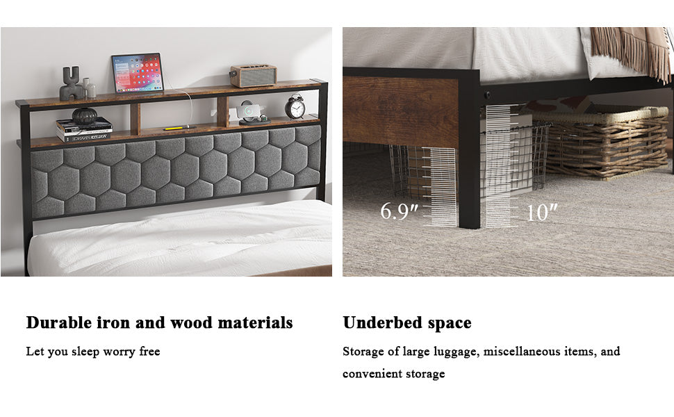 Full Wood Platform Bed Frame with Upholstered Headboard, USB Ports & Underbed Storage