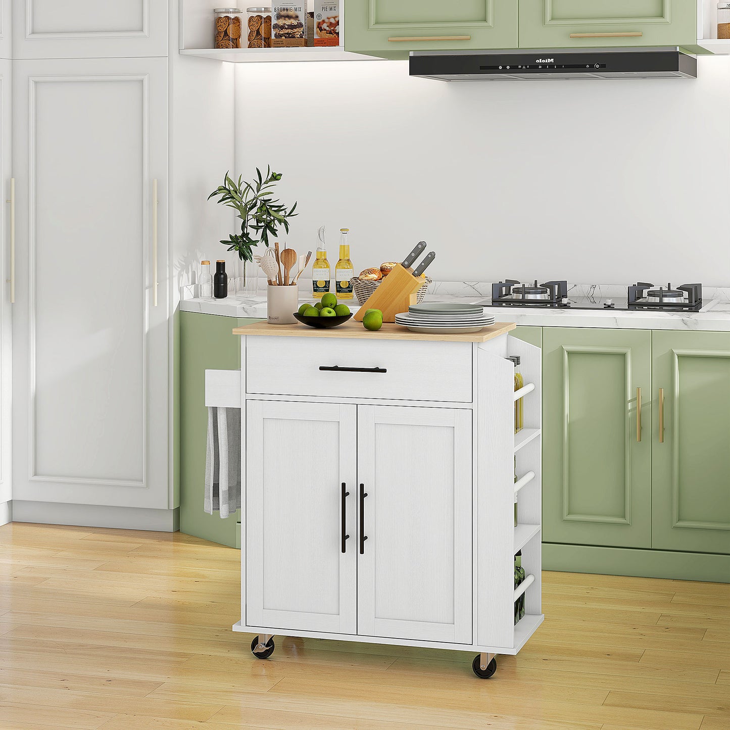 Rolling Kitchen Island with Wheels, Power Outlets & Storage - White