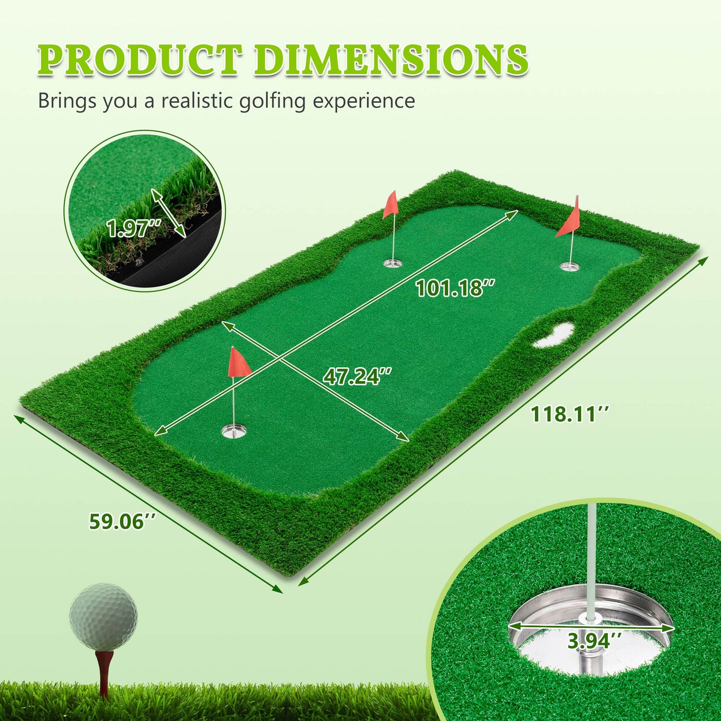 Golf Putting Green Mat - 10x5 FT with 3 Holes and Flags