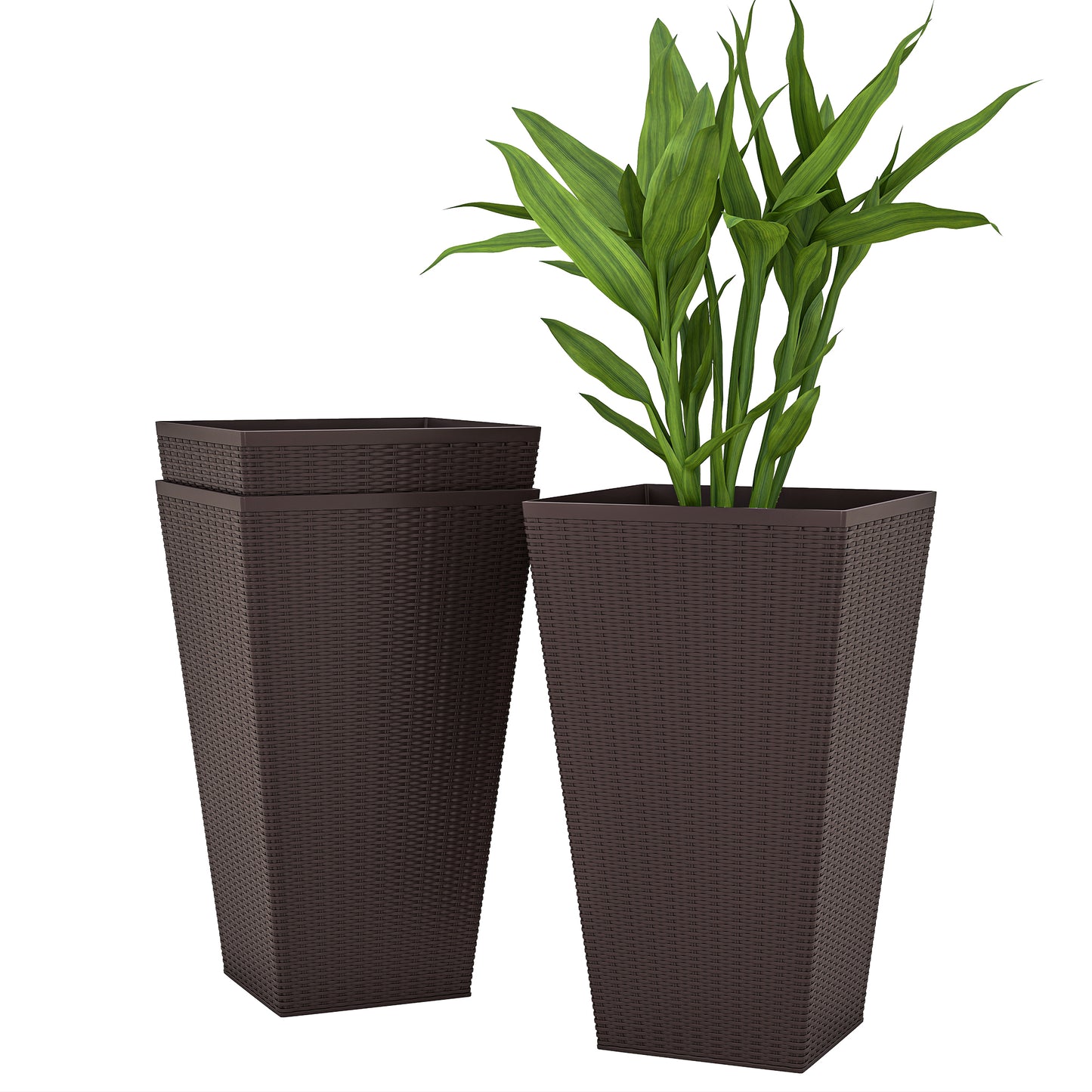 Set of 3 Tall Outdoor and Indoor Plant Pots with Drainage Holes - 24 Inch Brown