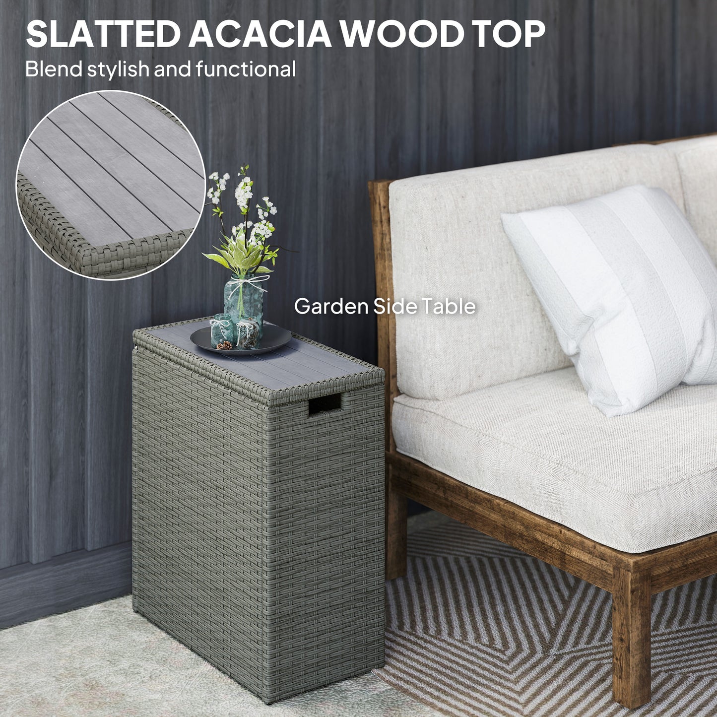 17-Gallon Wicker Outdoor Storage Box with Acacia Wood Top - Gray