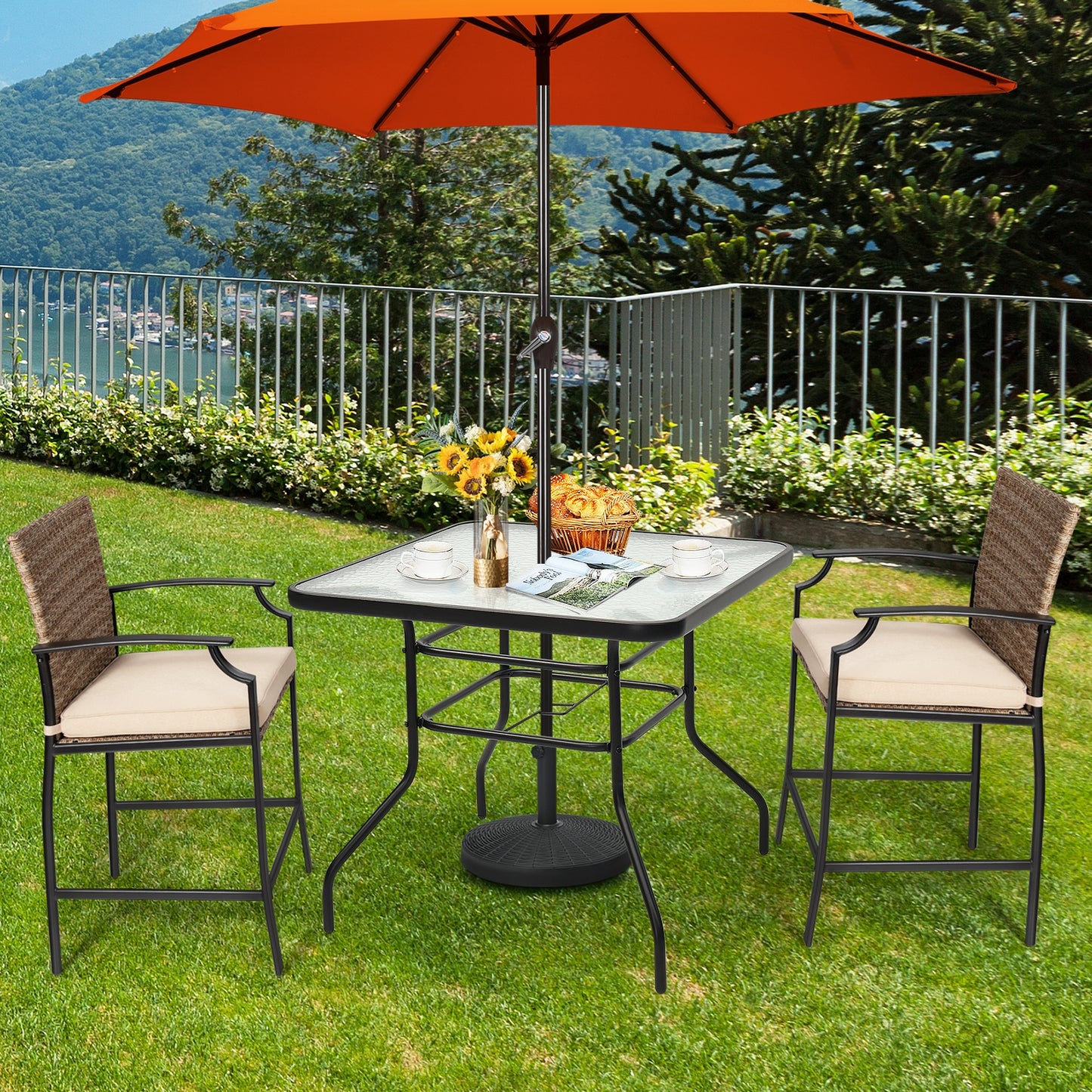 32-Inch Black Steel Square Patio Table with Tempered Glass Top