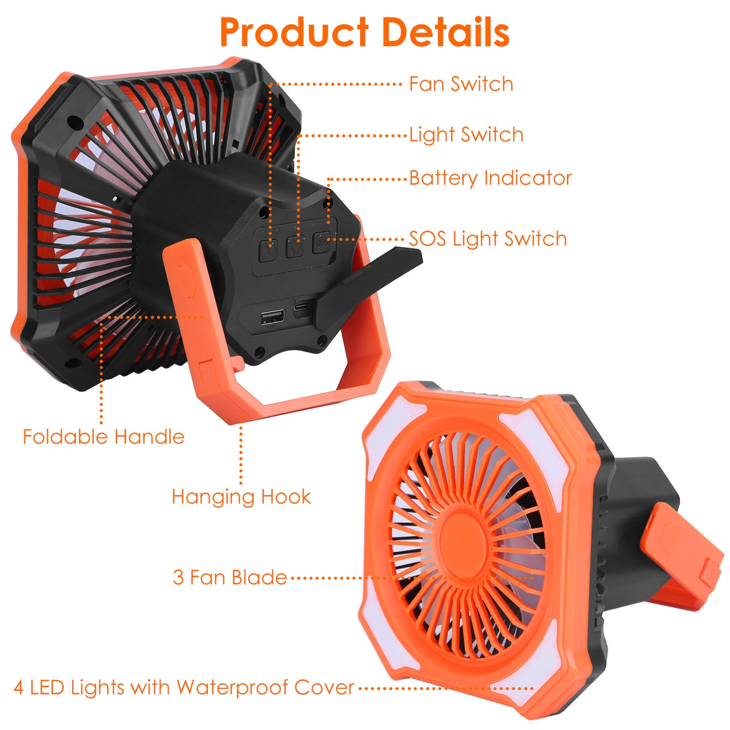 Portable Camping Lantern Fan - USB Rechargeable, 3 Wind & 4 Light Modes, Emergency Power Bank, Orange