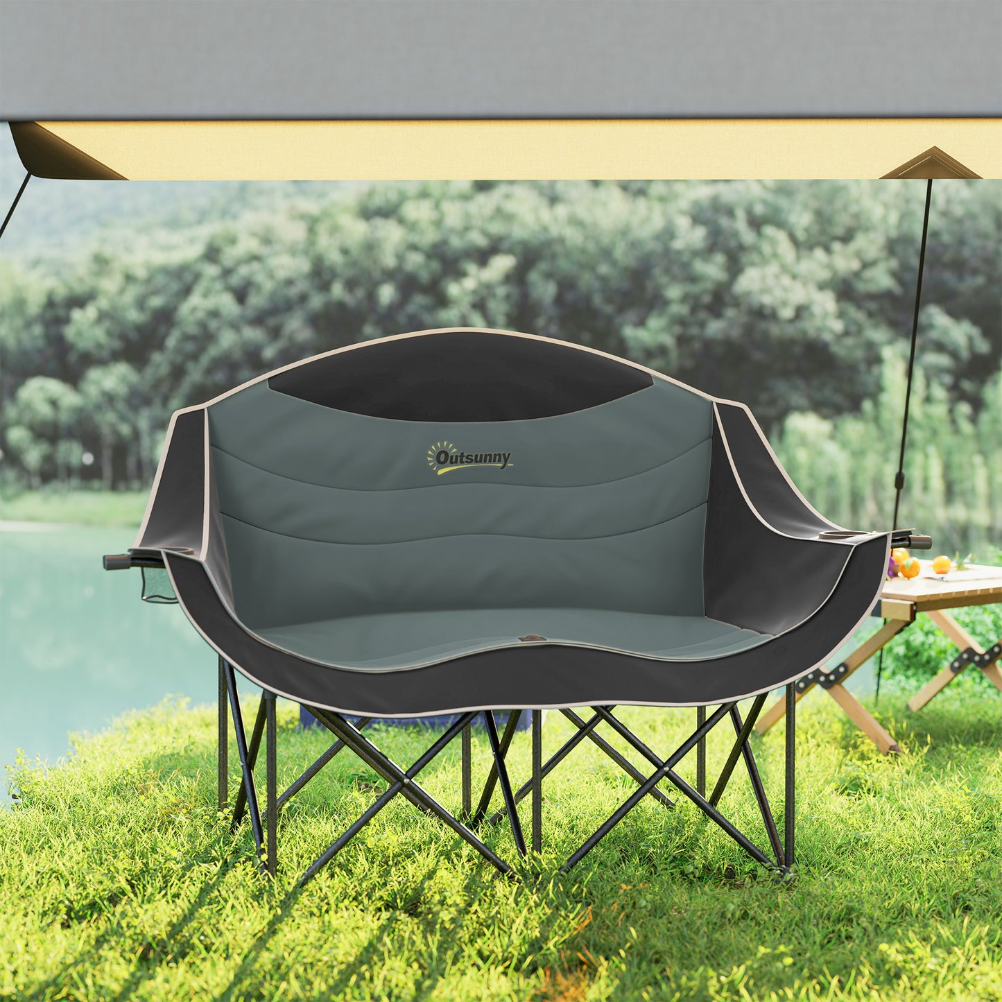 Double Padded Camping Chair with Armrests and Cup Holders - Black