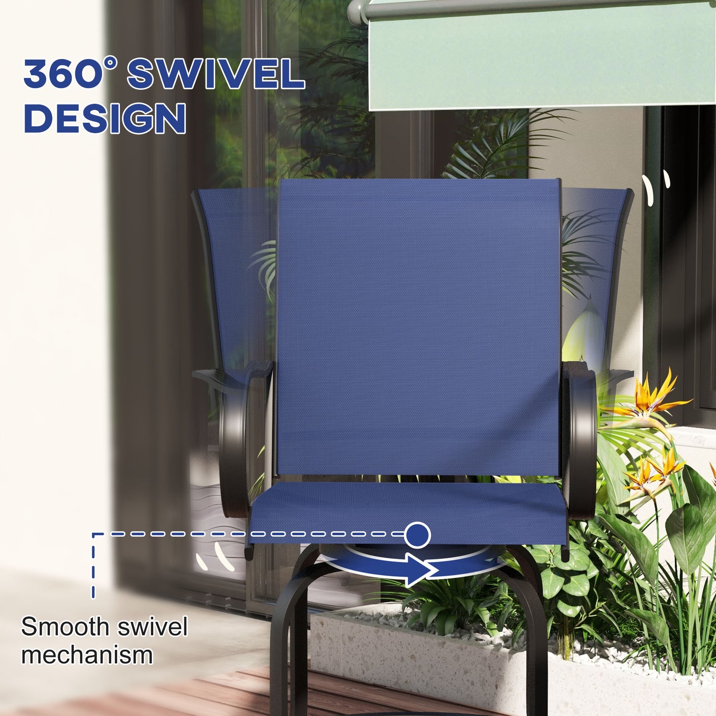 Outdoor Bar Stool Set of 2 - 360° Swivel Navy Blue Chairs