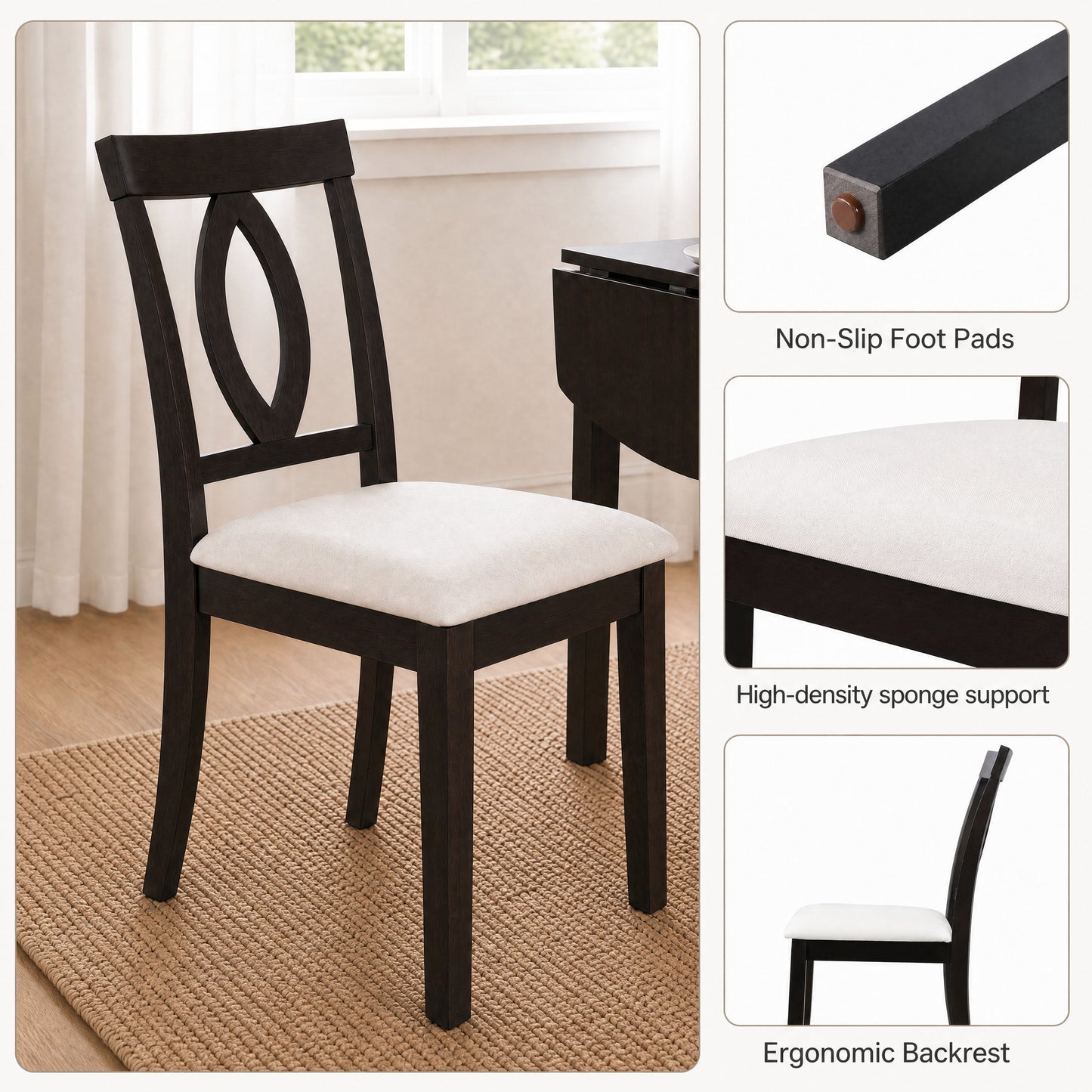 Drop Leaf Dining Table Set with 2 Upholstered Chairs - Dark Brown