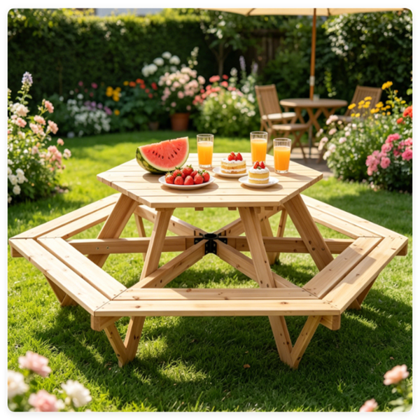 Kids Hexagonal Picnic Table with Umbrella - 6 Seats, Solid Wood Outdoor Set