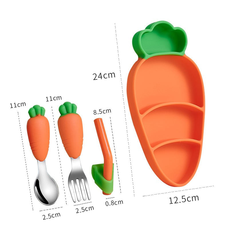 Children's Silicone Dining Plate Set with Suction Cups & Utensils - Cute Baby Tableware