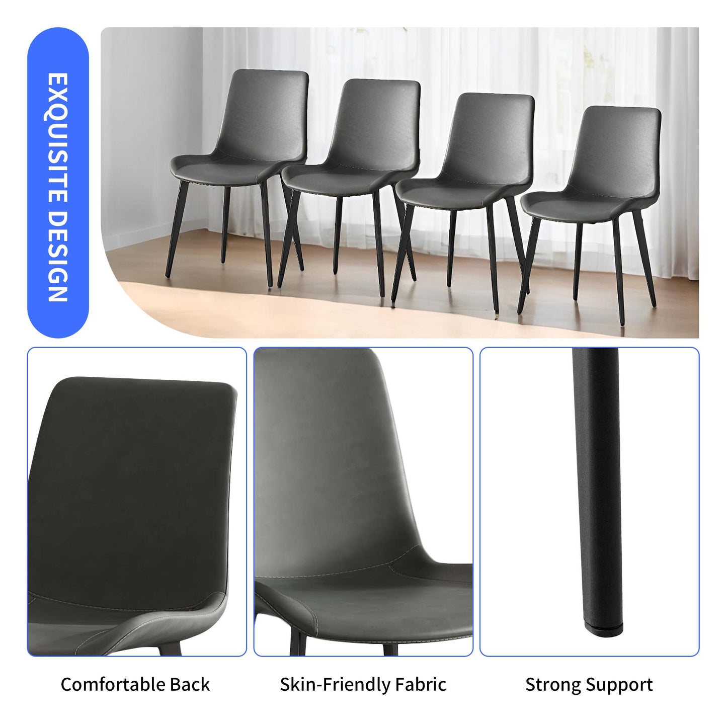 Modern Grey Dining Chairs Set of 4 - Upholstered Faux Leather