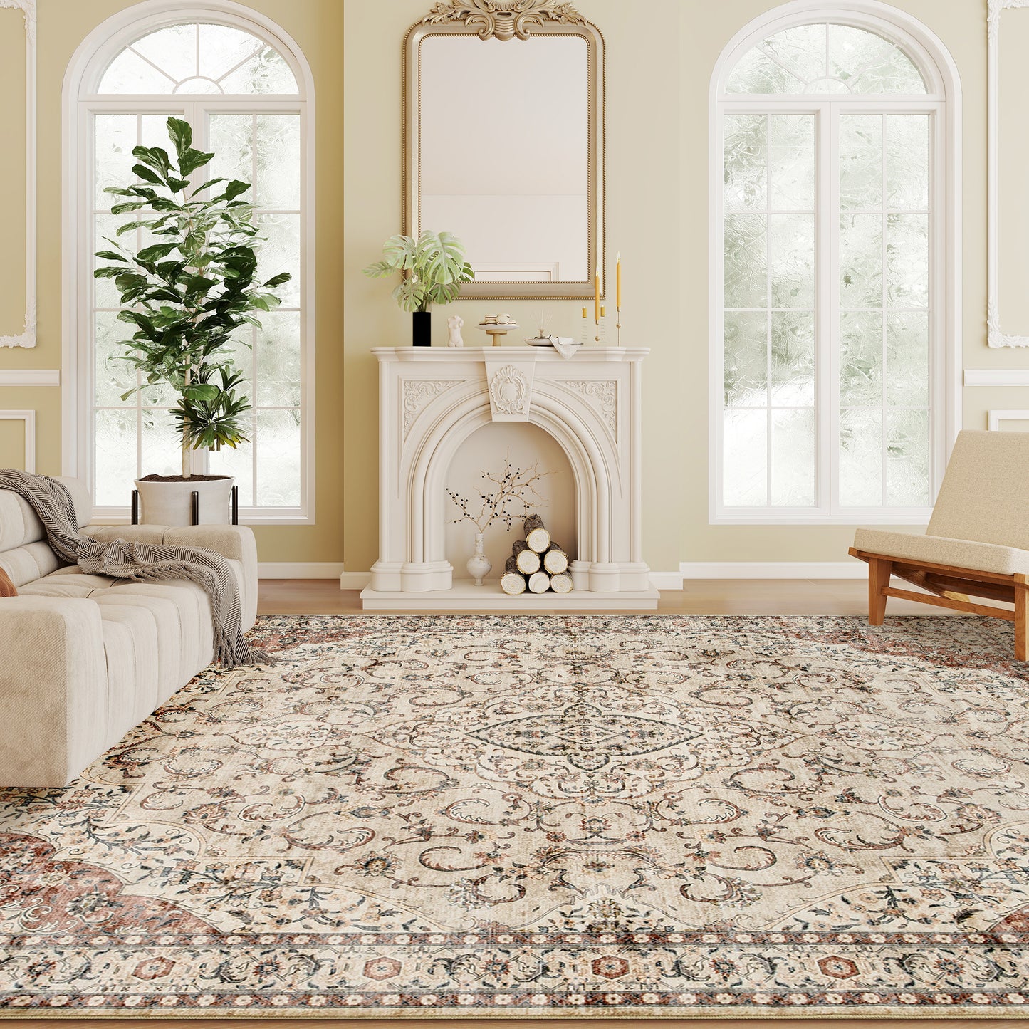 Machine Washable Floral Area Rug 4x6 - Non-Slip Mixed-Brown