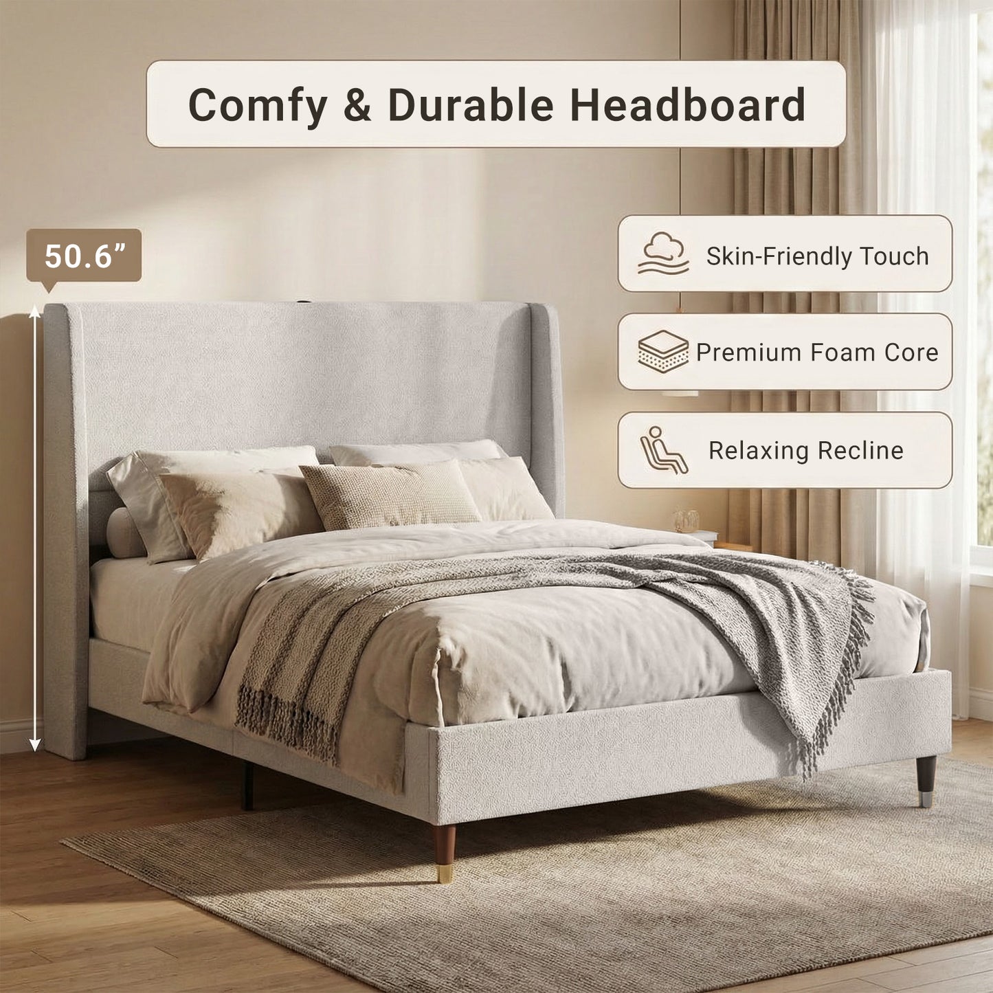 Queen Size Upholstered Bed Frame with USB Ports - Grey
