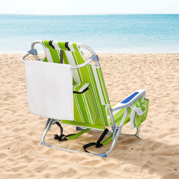 Lightweight Folding Beach Chair - Green Stripes, Adjustable Back