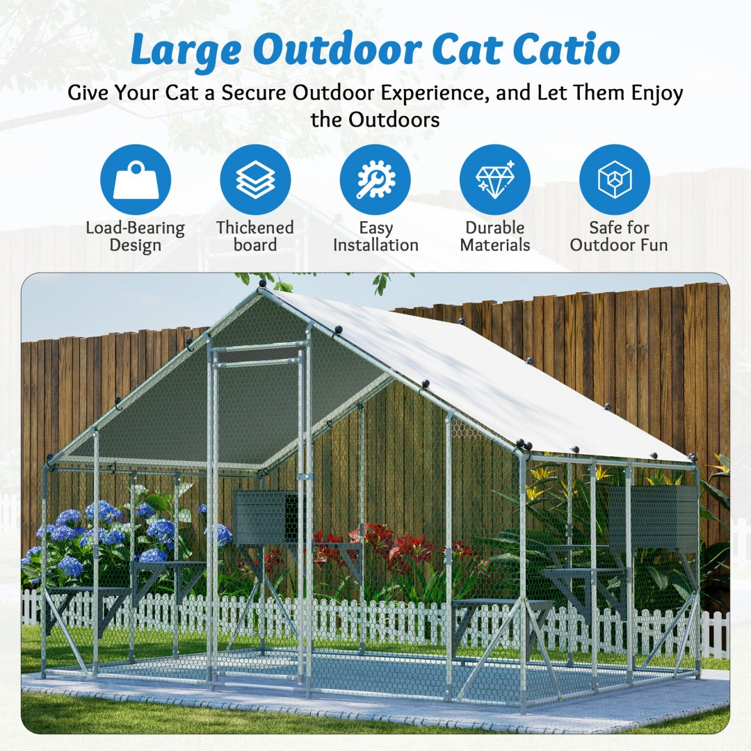 Outdoor Metal Cat Cage 3x2m with Solid Wood Platform Waterproof Tarp Safety Lock