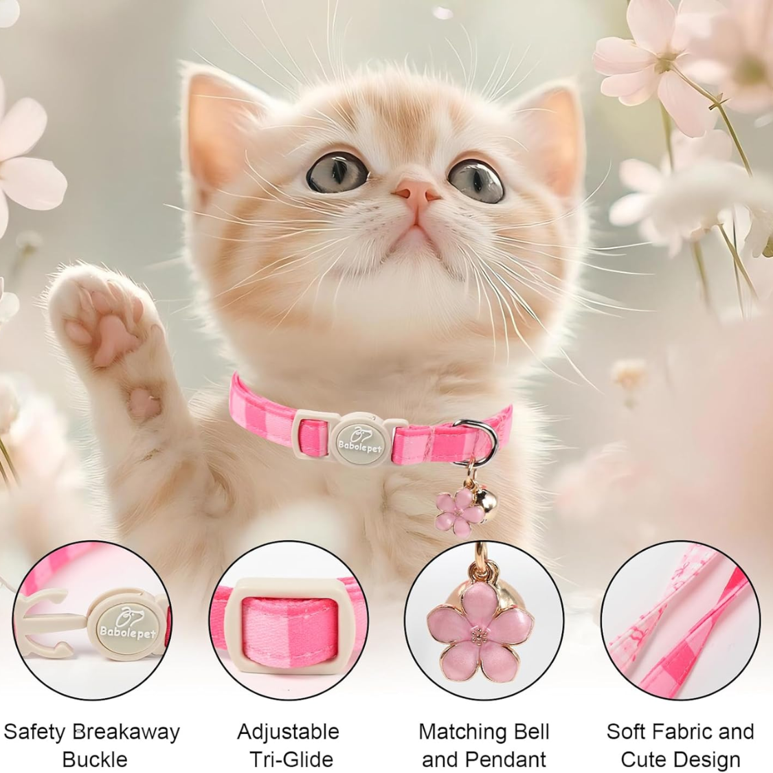 Pink Cat Collar with Bell & Bow - Adjustable Breakaway Safety Collar for Kittens & Small Cats