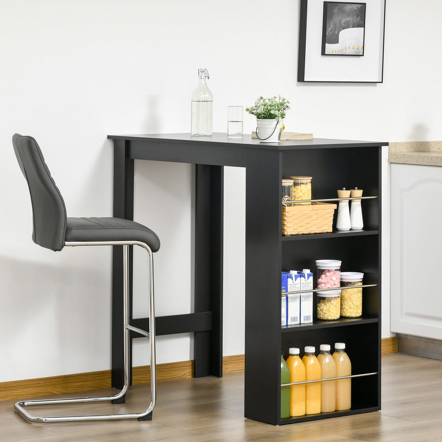 Counter Height Bar Table with 3 Storage Shelves - Black