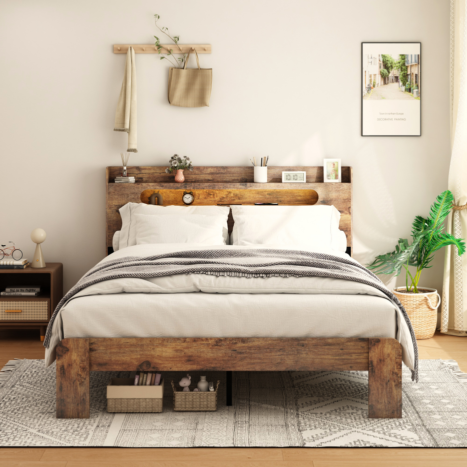 Full Wood Bed Frame with LED Headboard & USB Charging, Dark Brown