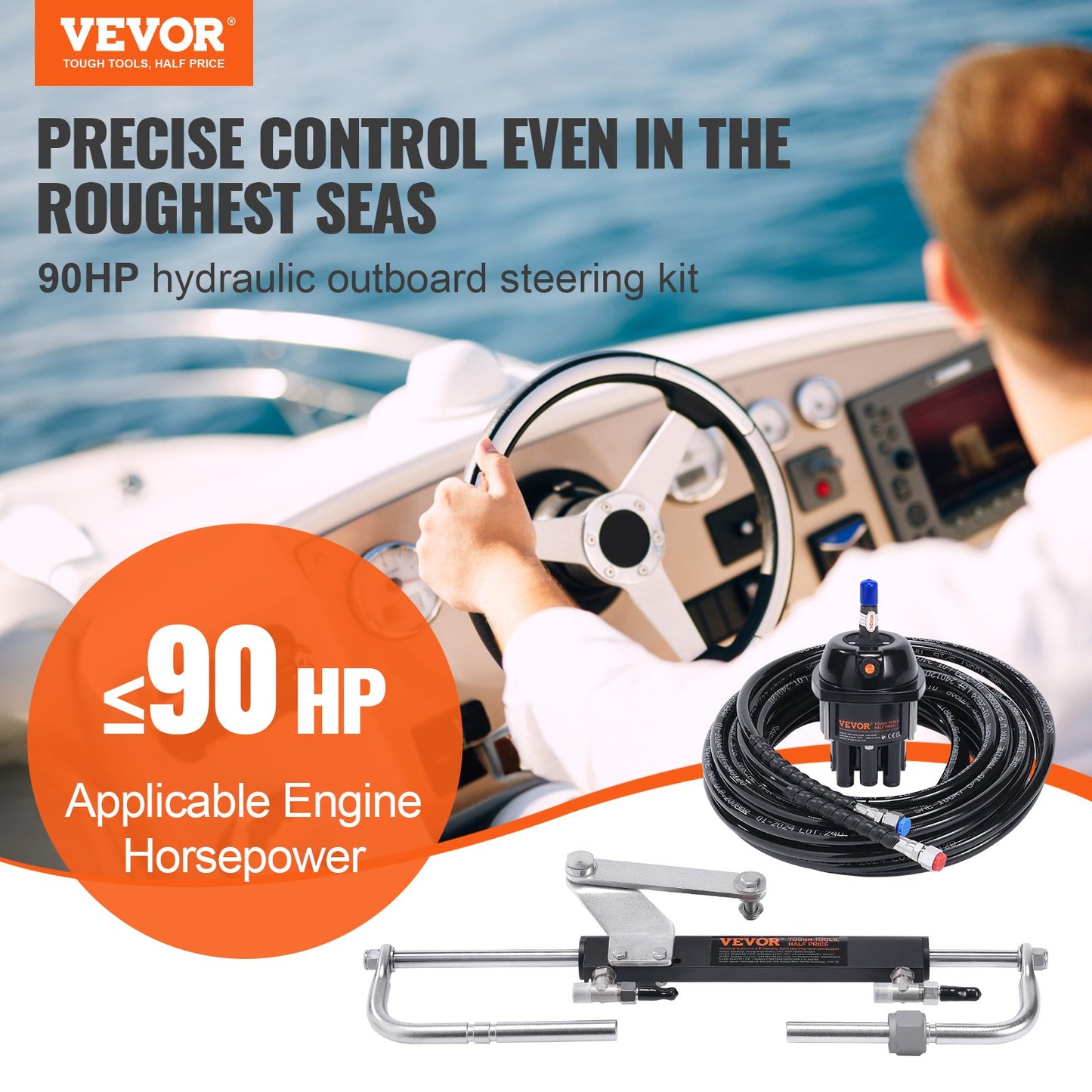 90HP Hydraulic Boat Steering Kit with Helm Pump & Hoses - Marine System