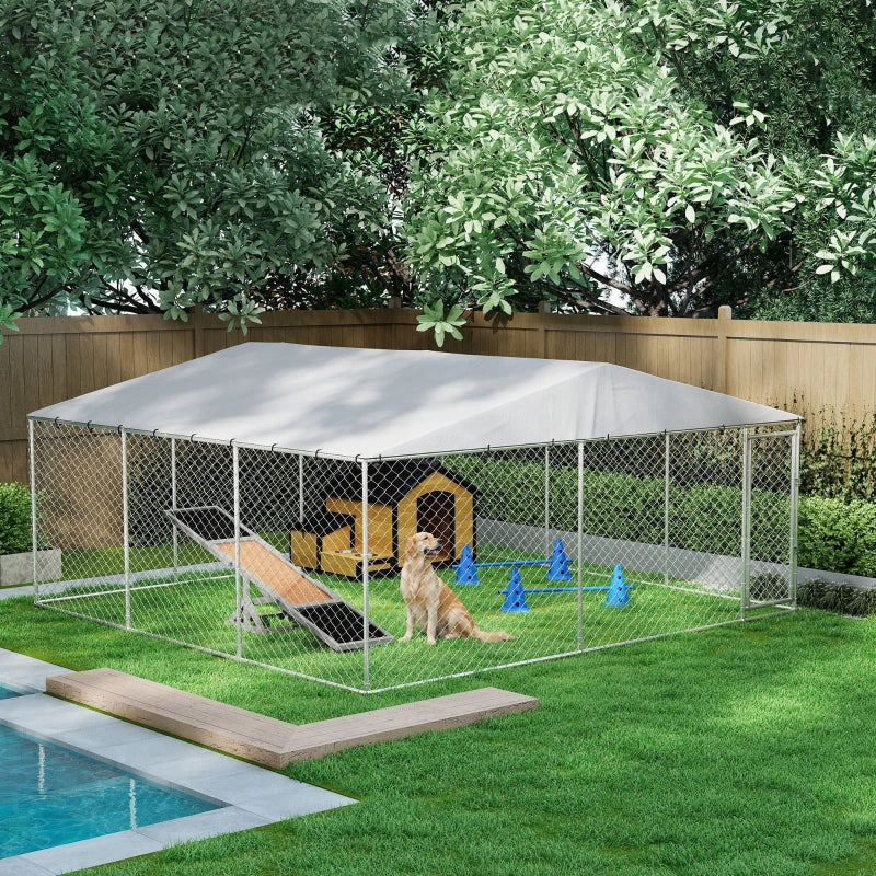 Outdoor Dog Kennel with Waterproof Roof, Galvanized Steel, Silver, 14.8 ft