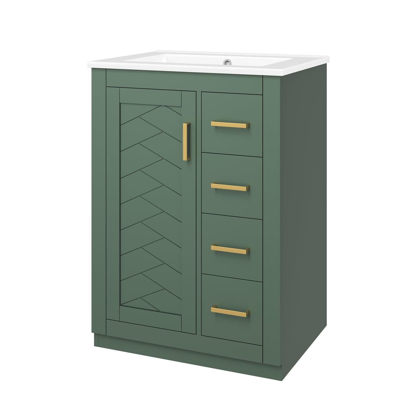24" Green Bathroom Vanity with Integrated Ceramic Sink & 3 Drawers