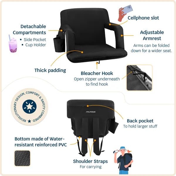 Reclining Stadium Seat - Waterproof Foldable Camping Chair with Armrests & Adjustable Positions