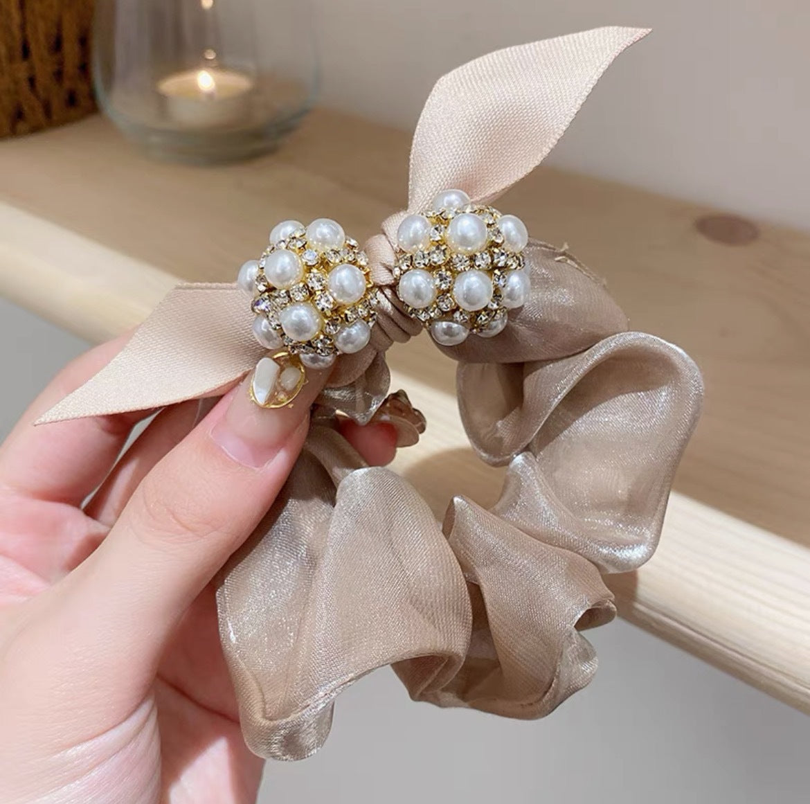 Beaded Pearl Bowknot Hair Rope - Korean Style