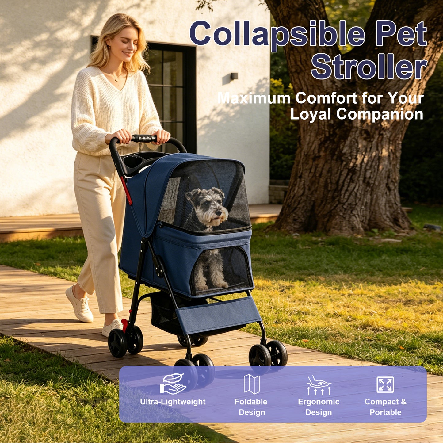 Foldable Pet Stroller for Small Dogs and Cats - Blue, 28 lbs Capacity