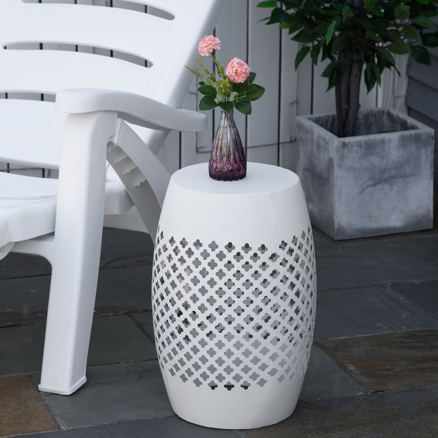 12" Steel Outdoor Side Table - Round Accent Table in White