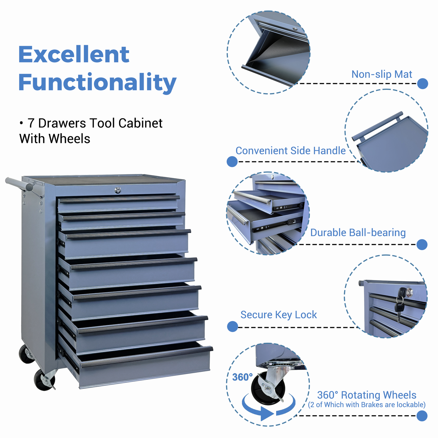 20-Inch Rolling Metal Tool Chest with 7 Drawers - Grey