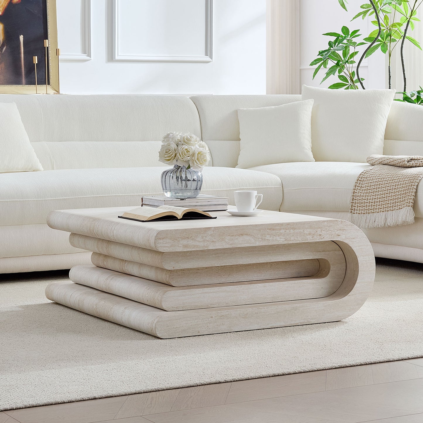 33.86 Inch Square Modern Coffee Table with Faux Travertine - Beige
