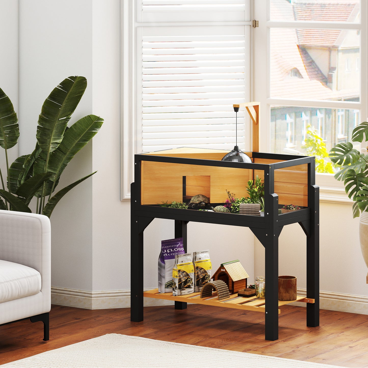 Wooden Tortoise Habitat Enclosure with Storage Shelf and Clear Windows - Yellow
