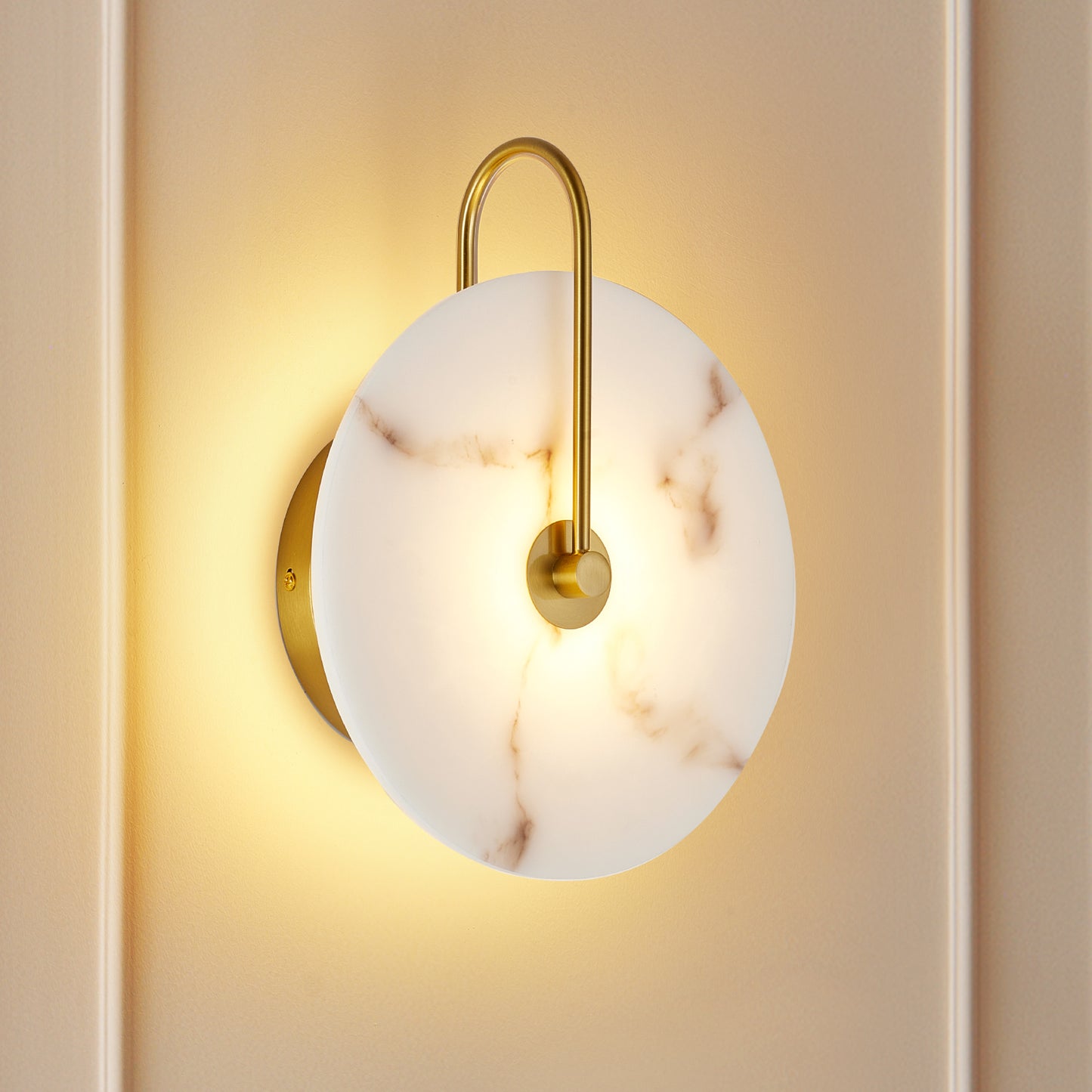 Round Alabaster Wall Sconce - Natural Marble LED Wall Lamp for Bedroom & Living Room - Gold Finish