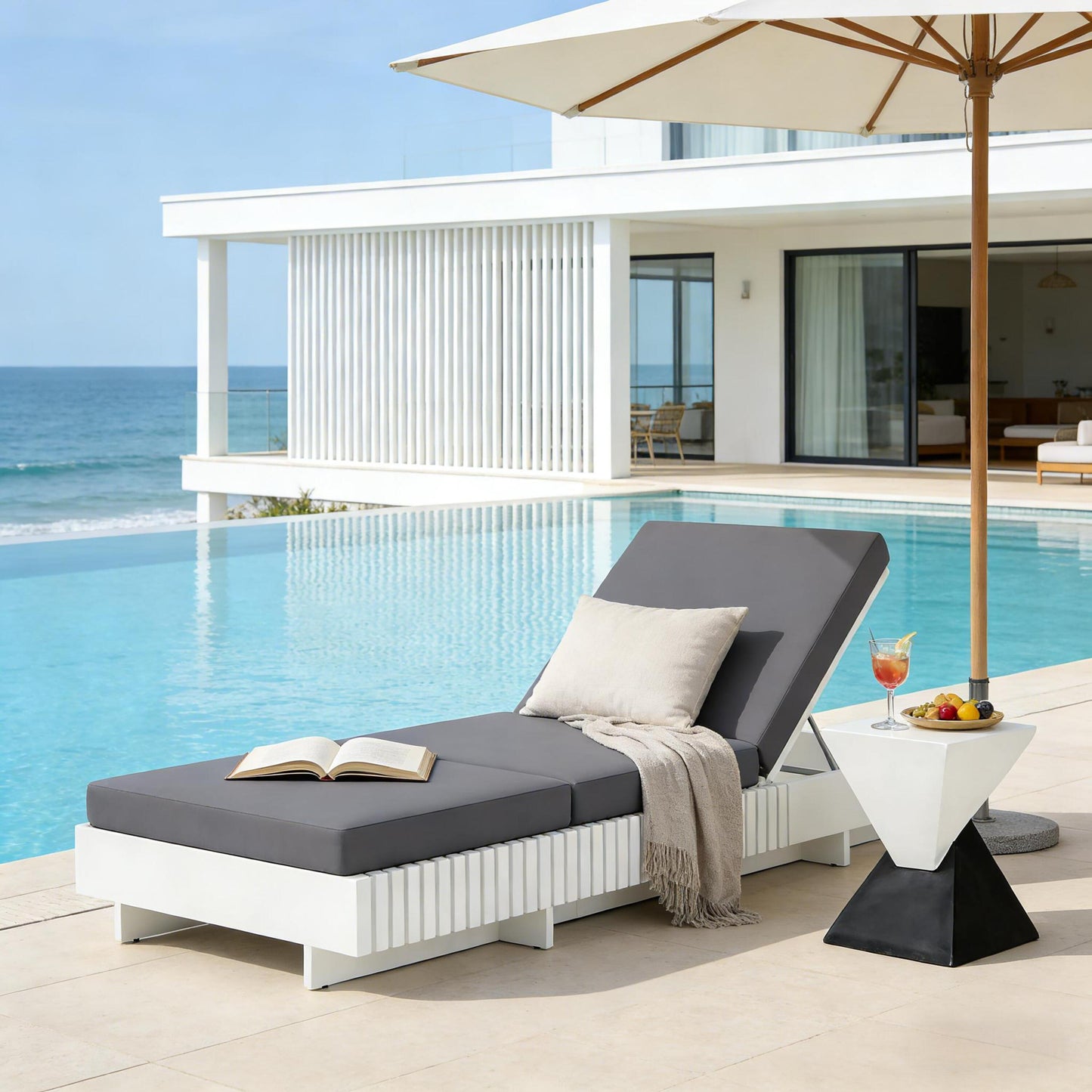 Outdoor Chaise Lounge - White Acacia Wood with Dark Grey Cushion