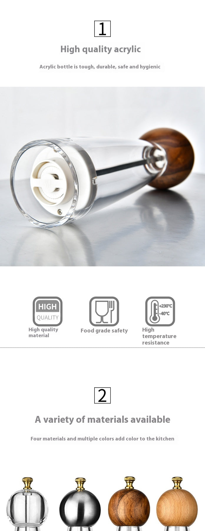 Manual Pepper Grinder with Acrylic or Stainless Steel Options - Kitchen Spice Mill