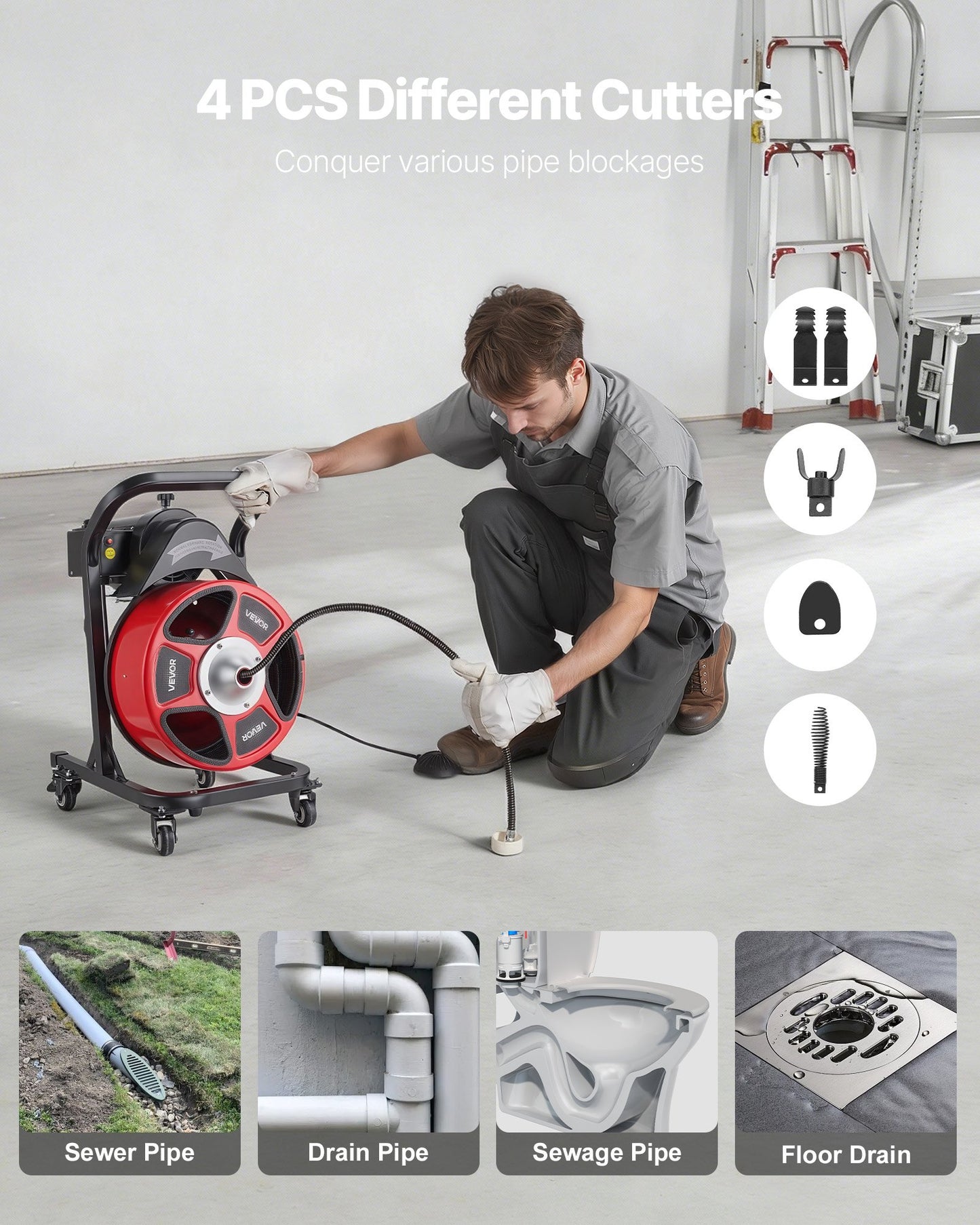 Drain Cleaner Machine 50 FT Sewer Snake Auger with 4 Cutters & Foot Switch