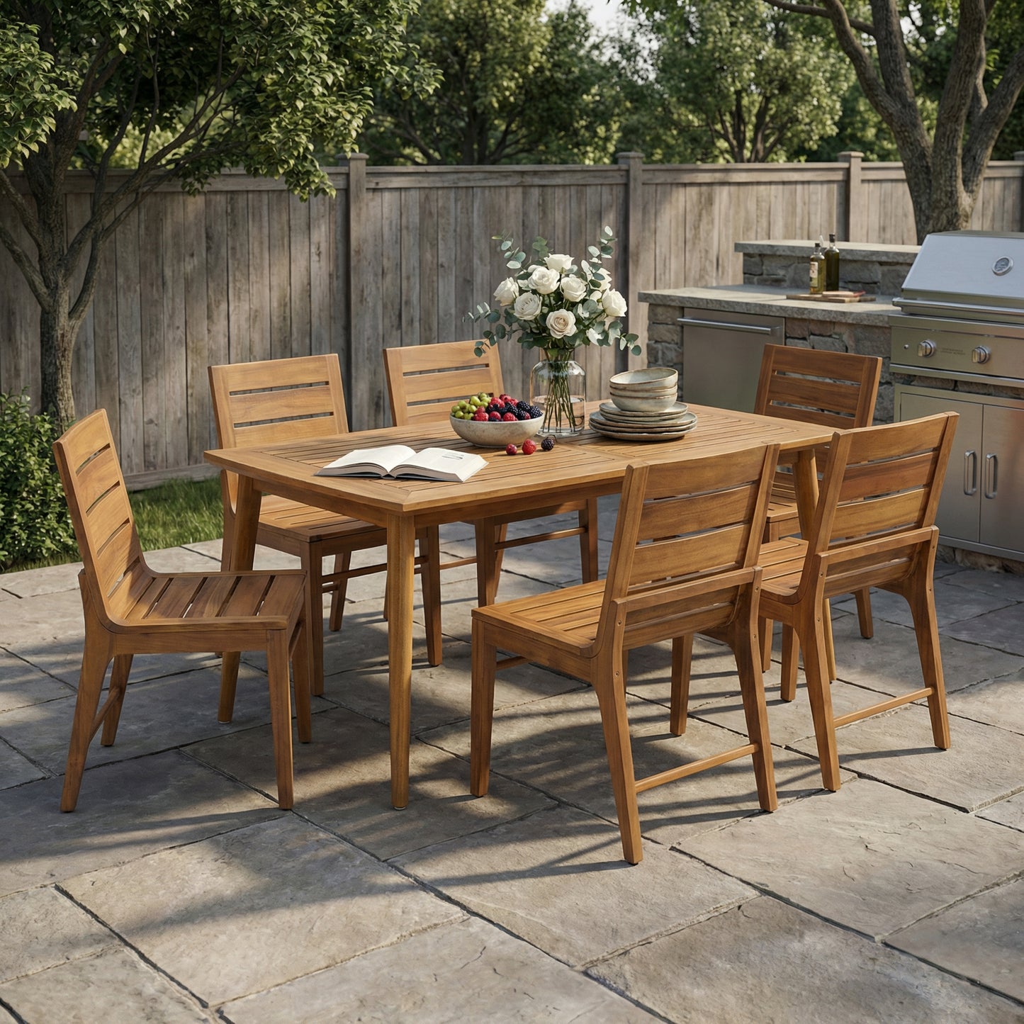 7-Piece Acacia Wood Outdoor Dining Set with Rectangular Table