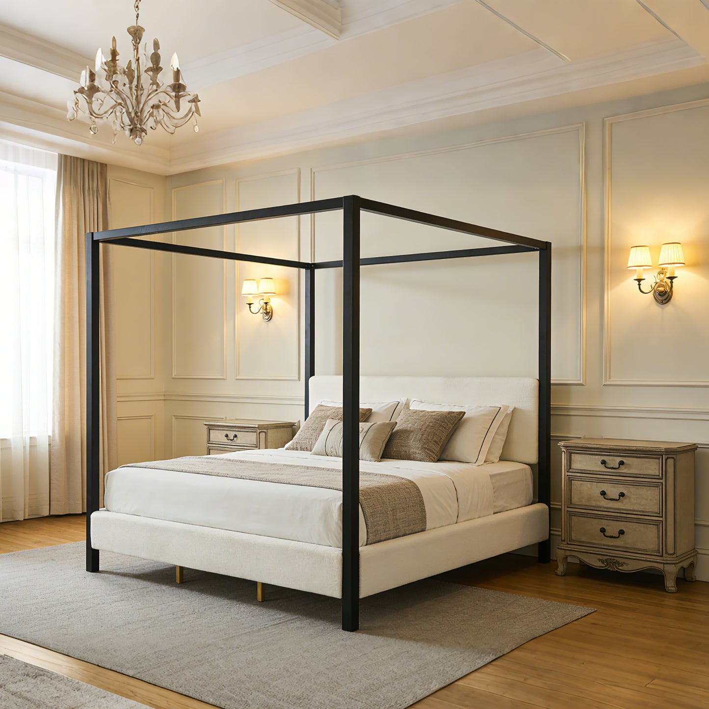 King Size Modern Black Metal Canopy Bed with White Boucle Upholstery