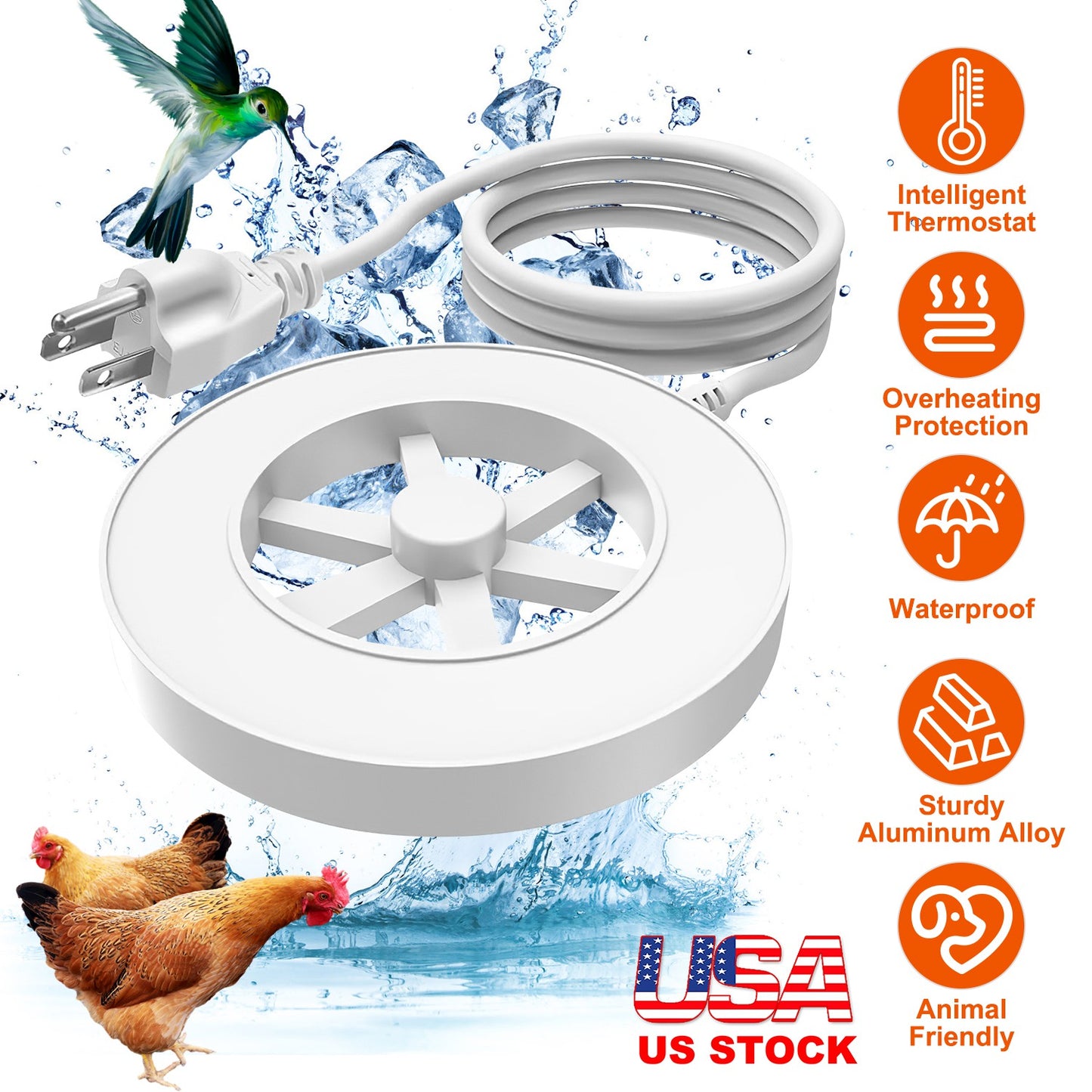 Outdoor Bird Bath Heater with Thermostat - Winter Water Deicer, Waterproof Aluminum