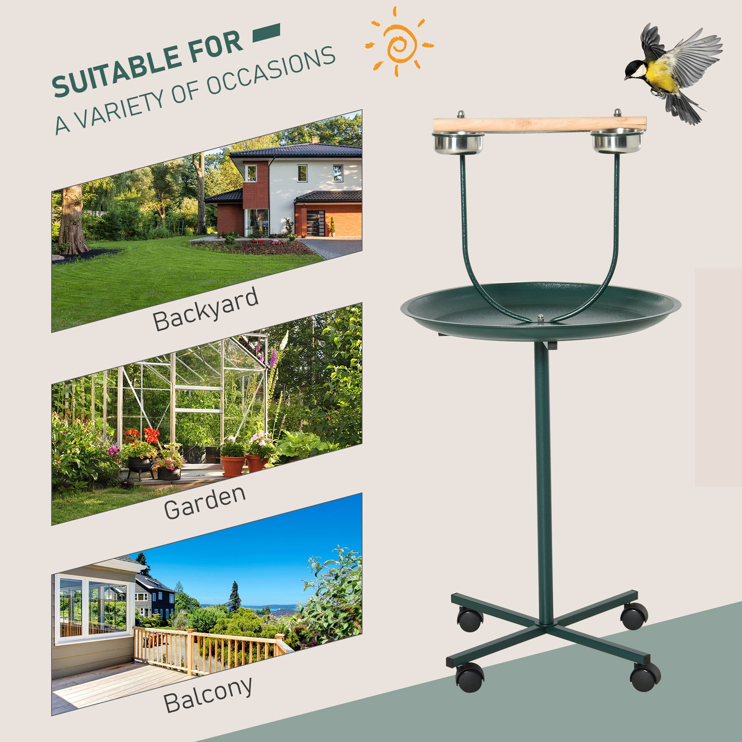 48-Inch Bird T-Stand with Wheels and Perch - Green