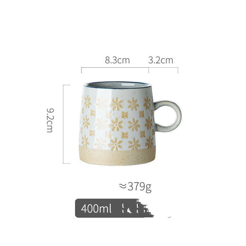 Retro Pastoral Water Mug Embossed Ceramic Drinkware with Handle