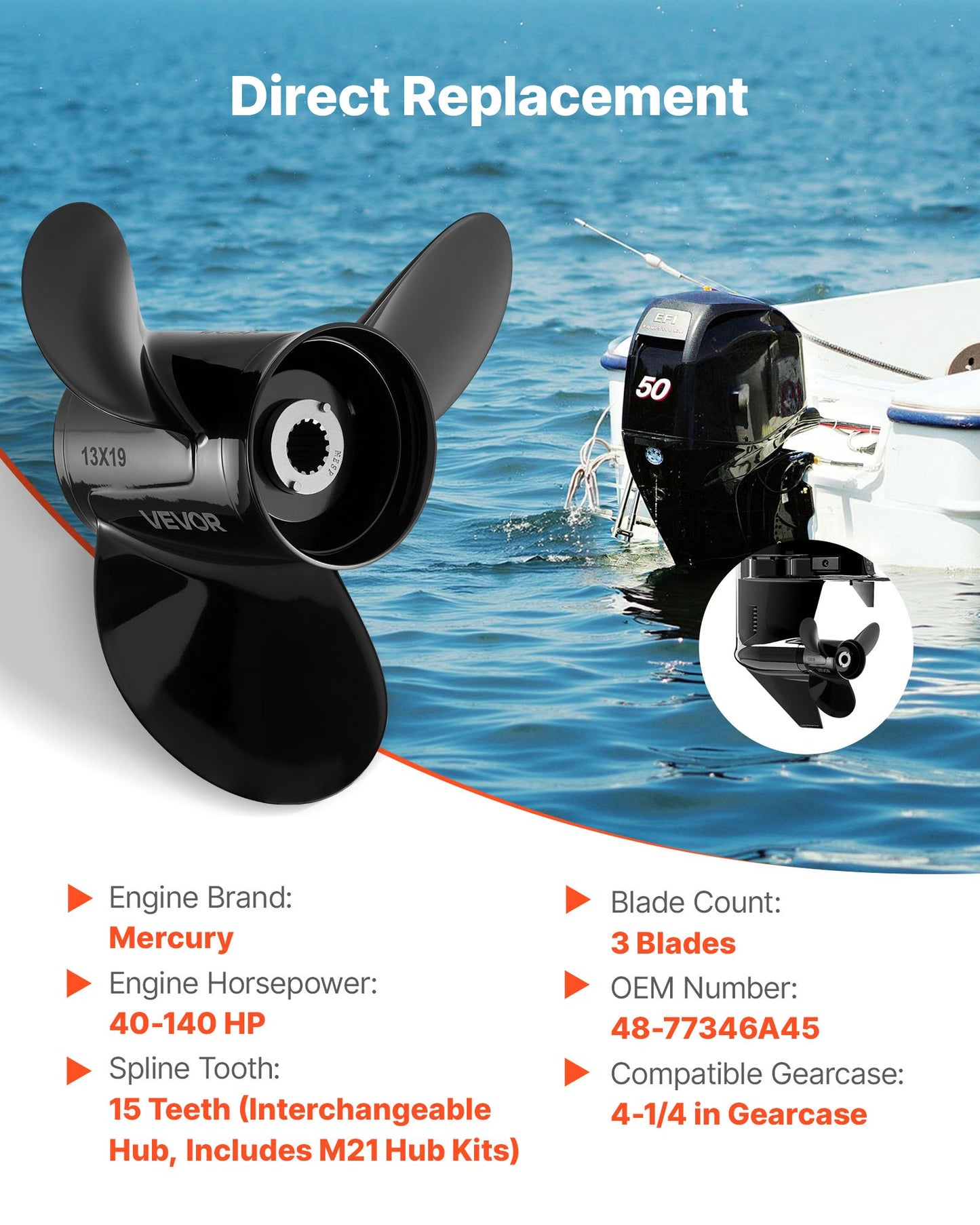 Marine Outboard Propeller 3-Blade RH Fit Mercury 40-140 HP Aluminum