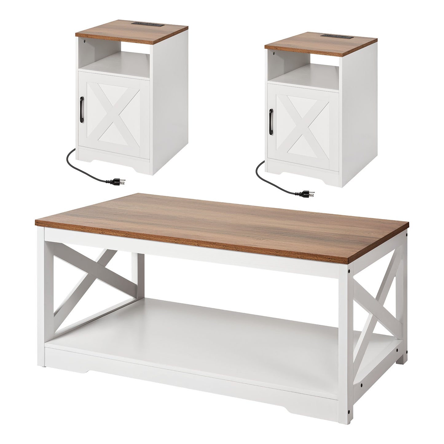Farmhouse Coffee Table Set with 2 End Tables and Charging Station - 40 Inch Industrial Style, Easy Assembly for Living Room & Office