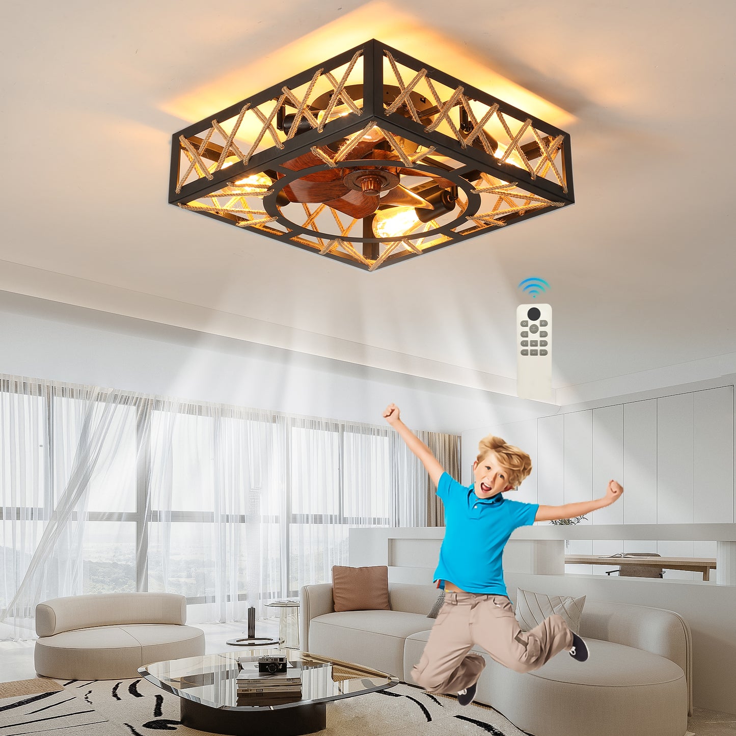 Rustic Ceiling Fan with Remote Control - 6 Speed, Noiseless DC Motor