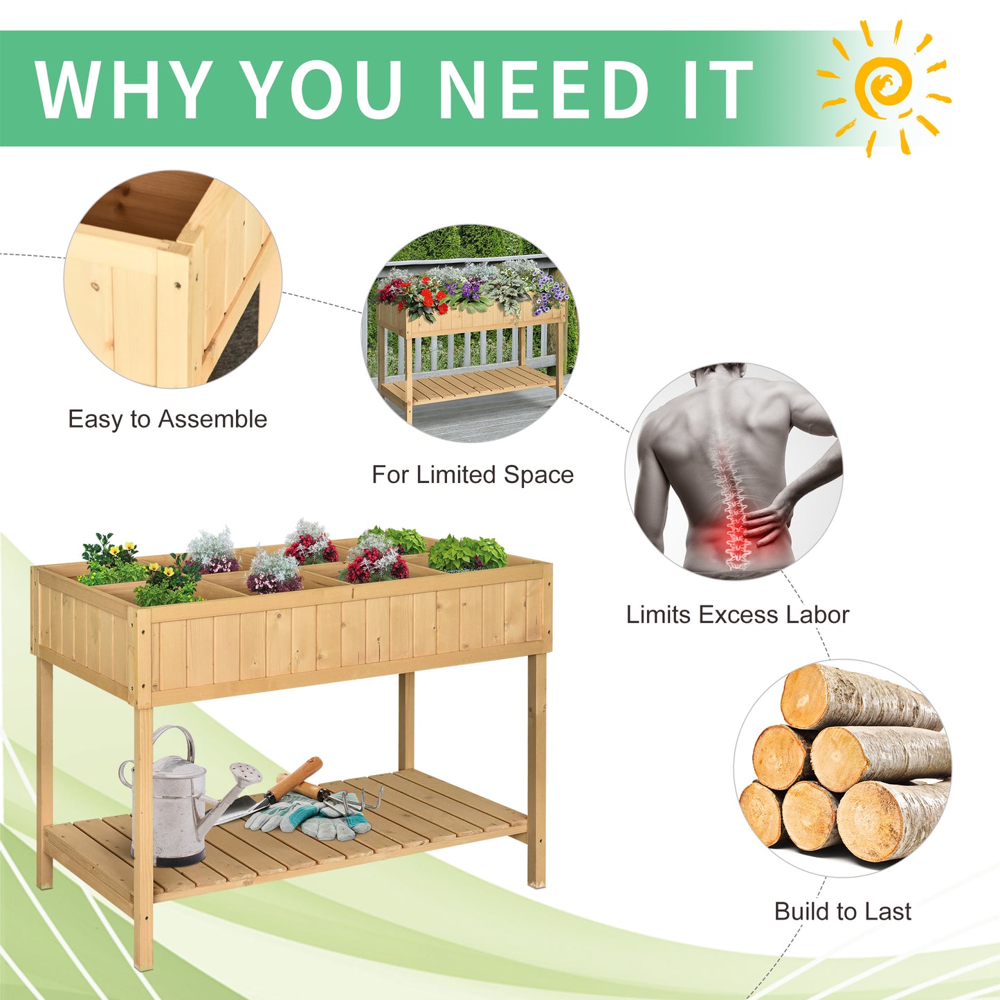 Raised Garden Bed with 8 Plant Pockets & Shelf - Wooden Elevated Planter Box for Herbs Vegetables Flowers