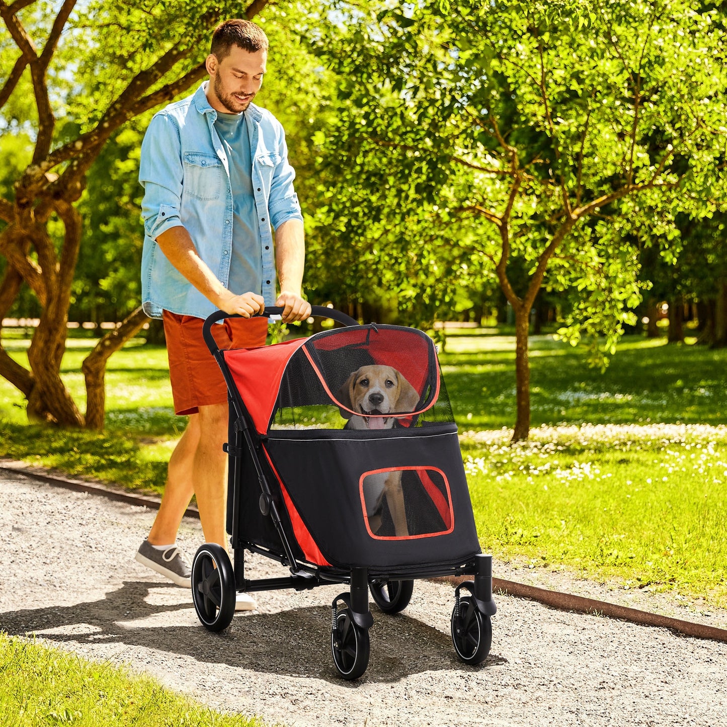 Large Dog Stroller Foldable Pet Carrier with Mesh Windows & Shock Absorption - Red