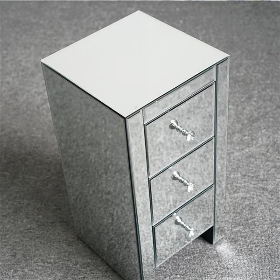 Mirrored Glass Bedside Table with 3 Drawers - Silver