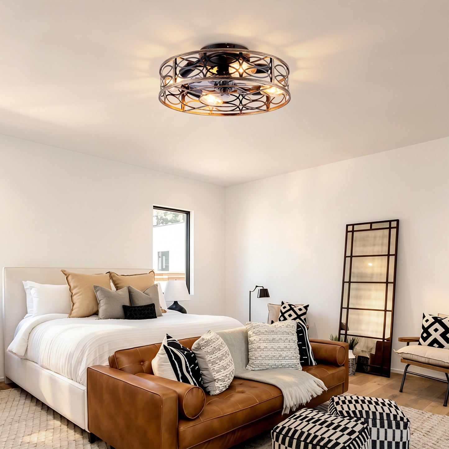 20" Low Profile Caged Ceiling Fan with Lights & Remote - Blush Gold Bronze