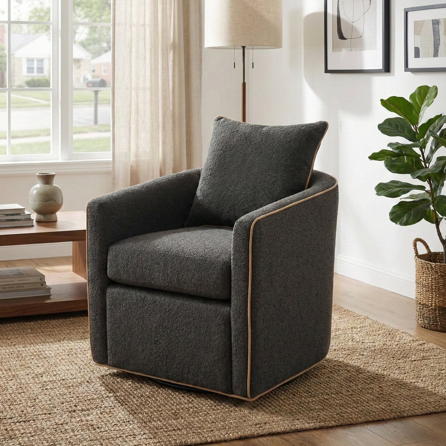 Swivel Accent Chair - Upholstered Barrel Club Chair in Dark Grey