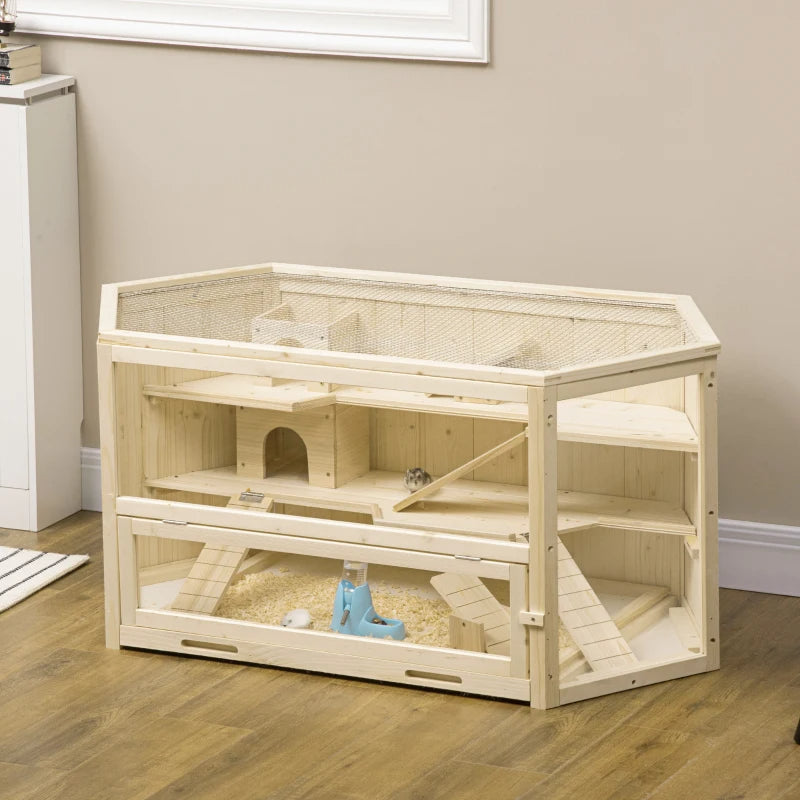 Large Wooden Hamster Cage with 3 Tiers, Activity Center & Water Bottle
