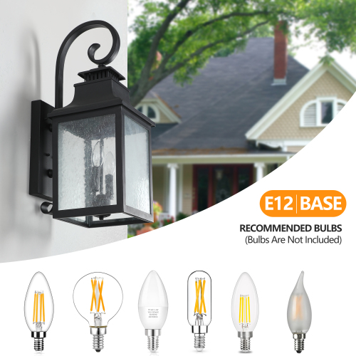 Outdoor Glass Wall Light - Vintage Black Sconce with Frosted Panel, Supports E12 Bulbs, Weatherproof, 2-Pack