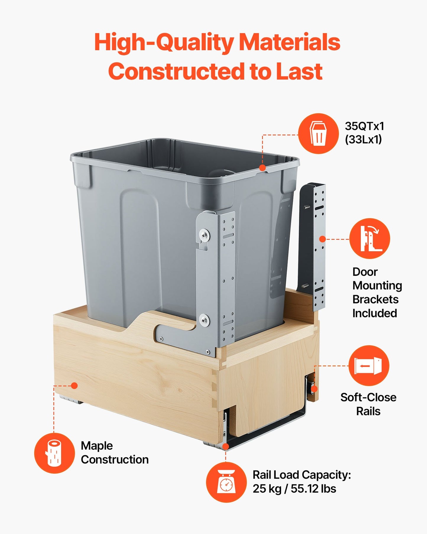 35QT Pull-Out Kitchen Trash Can with Soft-Close System - Grey